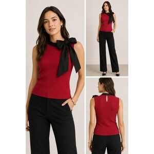 Anthropologie Dolan‎ Left Coast Ribbed Bow Neck Sleeveless Top Red XS Black Tie